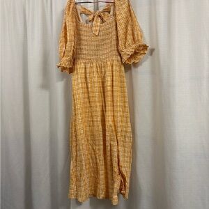 Rahi Womens Cottagecore Plaid Yellow Prairie Puff Sleeve Ruffle Tie Back Dress L